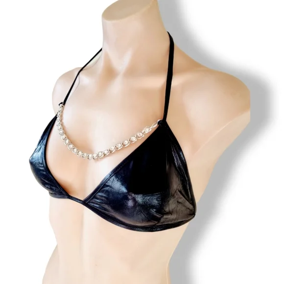 Metallic black wet-look triangle bralette/ bikini / lingerie silver chain top - Picture 9 of 10
